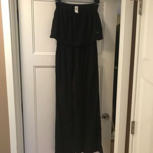 Aerie black linen jumpsuit with overhang ruffle